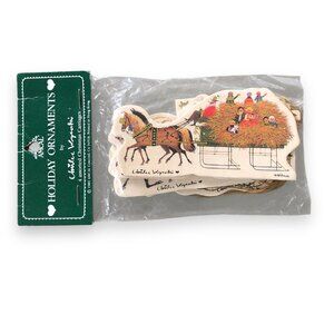 Vintage 1980s Die Cut 4 Paper Christmas Carriages Holiday Ornaments Horse Animal